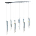 ET2 Lighting - Quartz LED 6-Light Pendant - Stalactites of Clear Beveled crystal suspend from your choice of Polished Chrome or Black supports, can be hung at various heights to create a spectacular array. The crystal shimmers as light diffuses through the facets powered by 90 CRI LED dimmable modules.