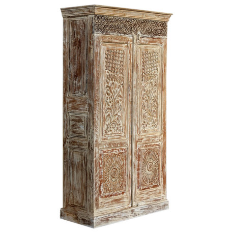 Consigned Antique Armoire Vintage Distressed White Cabinet Brass Studs