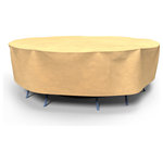 Budge - Budge All-Seasons Round Patio Table and Chairs Combo Cover Extra Large (Nutmeg) - The Budge All-Seasons Round Patio Table and Chairs Combo Cover, Extra Large provides high quality protection to your outdoor dining set. The All-Seasons Collection by Budge combines a simplistic, yet elegant design with exceptional outdoor protection. Available in a neutral blue or tan color, this patio collection will cover and protect your round patio table and chair set, season after season. Our All-Seasons collection is made from a 3 layer SFS material that is both water proof and UV resistant, keeping your patio furniture protected from rain showers and harsh sun exposure. The outer layers are made from a spun-bonded polypropylene, while the interior layer is made from a microporous waterproof material that is breathable to allow trapped condensation to flow through the cover. Our waterproof patio table and chairs cover feature Cover stays secure in windy conditions. With our All-Seasons Collection you'll never have to sacrifice style for protection. This collection will compliment nearly any preexisting patio decor, all while extending the life of your outdoor furniture. This outdoor table and chair cover measures 112" Diameter x 30" Drop.