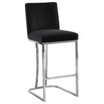 Meridian Furniture - Heidi Upholstered Counter Stool, Black, Chrome, Velvet - Make sure guests stay comfortable as they wine and dine from this Heidi Black Velvet Stool. This stool has a sleek metal base finished in chrome for a chic look and is upholstered in sumptuous black velvet for a touch of glam. The upholstery is top quality and has a sleek, velvety feel against the skin for a refined and elegant presentation. The armless design facilitates conversation, and a footrail on the bottom gives you a spot to rest your feet while you dine.