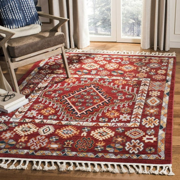 Farmhouse Area Rug, Bordered Design With Fringed Tassels, Red/Ivory, 8' X 10'