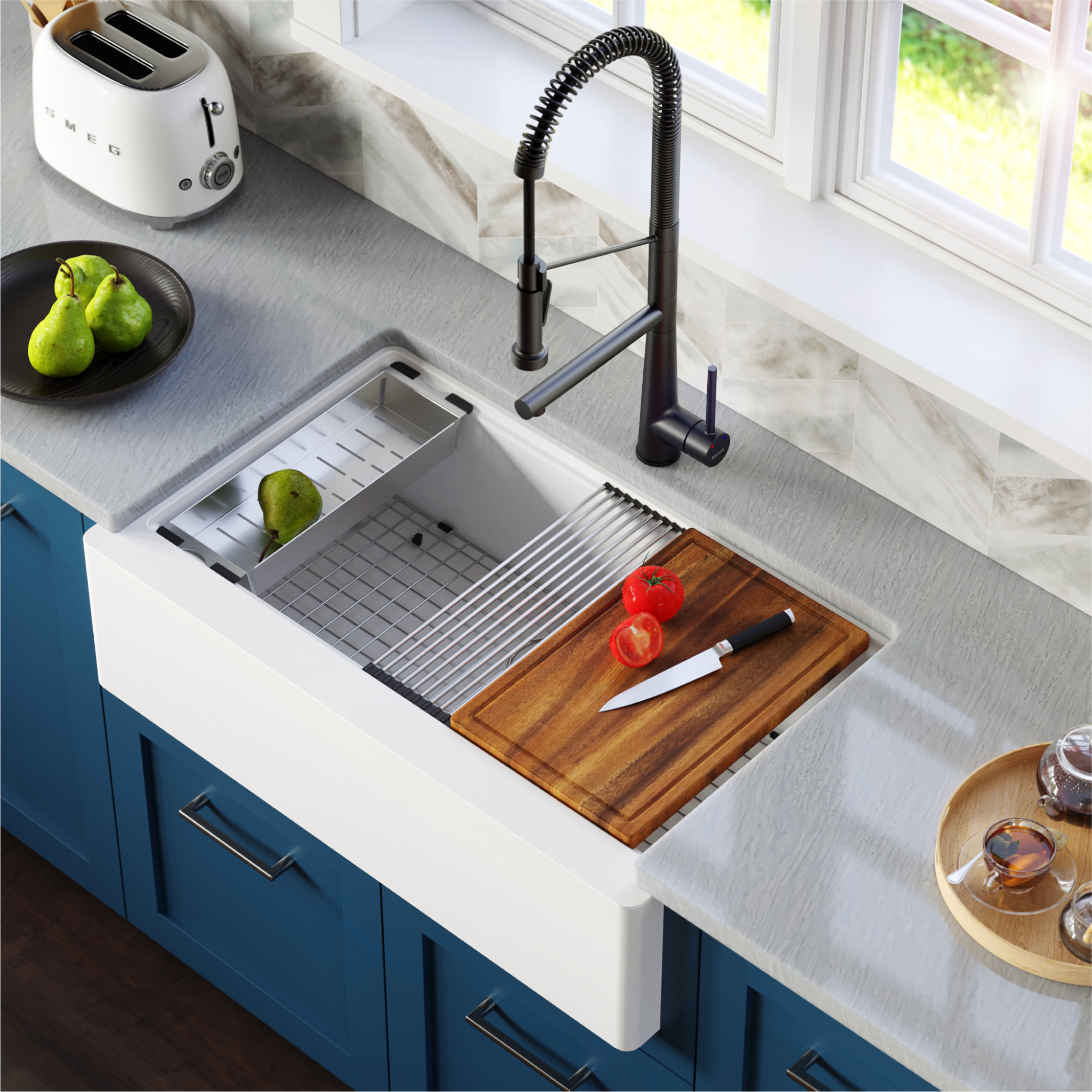 Karran 34" Quartz Farmhouse Single Bowl Workstation Kitchen Sink, White