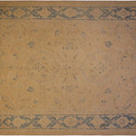 Bareens Designer Rugs - Bohemien Ziegler Hue Tan Blue Hand-Knotted Wool Rug - 10'0'' x 13'7'' - Enhance the ambiance of your home with this magnificent Persian-influenced Turkish hand-knotted rug made by skilled artisans capable of creating the most exceptional vegetable dyes and hand-spun wool. This exquisite handmade rug is a one-of-a-kind Peshawar Kafkaz, otherwise identified as Chobi, Chobi Peshawar, Oushak, or Ziegler rug. These handmade rugs are crafted in Pakistan utilizing superior-quality wool imported from Australia, New Zealand, and Korea in two types of weaves: the Persian weave and the Mori weave. This rug is meticulously crafted by hand using the finest natural vegetable dyes extracted from local plants. The artisans use a blend of hand-spun local and fine merino wool, resulting in a rug with a compelling texture, higher lanolin content, and longer staple. The artisans occasionally incorporate natural or artificial silk into the pile to enhance specific motifs. The finished product is an awe-inspiring execution of flawless design and an understated palette that exudes elegance.