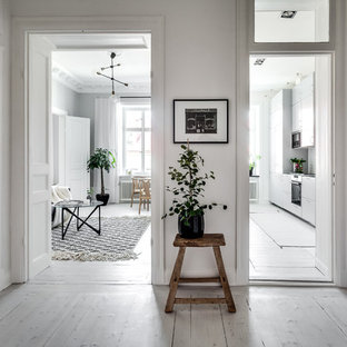 Esempio di un ingresso o corridoio scandinavo di medie dimensioni con pareti bianche e pavimento in legno verniciato