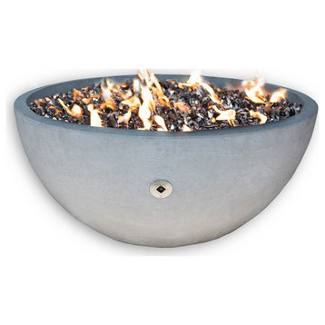 36" Concrete Fire Bowl, Natural Color, Turquoise Fire Glass Filling, Natural Gas
