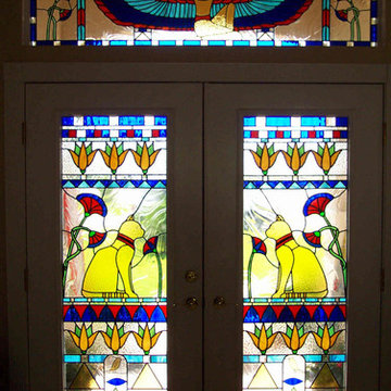 Egyptian design for custom stained glass windows for entry