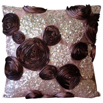 Ribbon Flowers 14"x14" Art Silk Plum Throw Pillows Cover, Wine And Roses