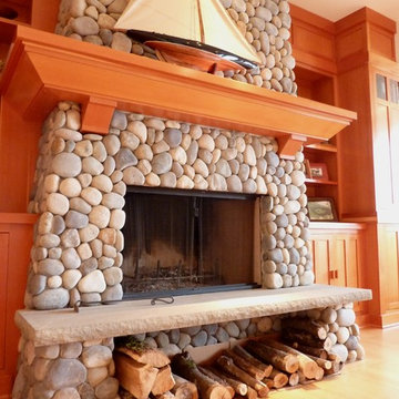 Custom river rock fireplace