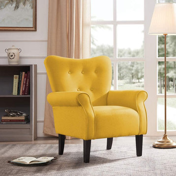 Modern Accent Chair Roll Arm Linen Living Room Bedroom Wood Leg (Citrine Yellow)