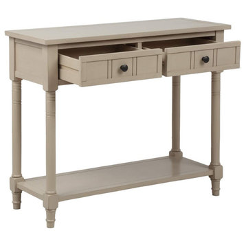 Narrow Console Table, Carved Legs With Lower Shelf and 2 Drawers, Retro Grey