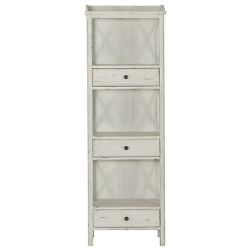 Tall Bookcase, Storage Drawers With Pull Handles & Open Shelves, Weathered White