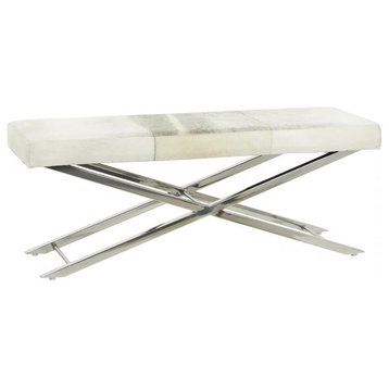 Contemporary Accent Bench, Stainless Steel Base With Animal Printed Leather Seat