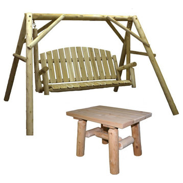 Country Cedar Outdoor Porch Swing and Stand Set With End Table