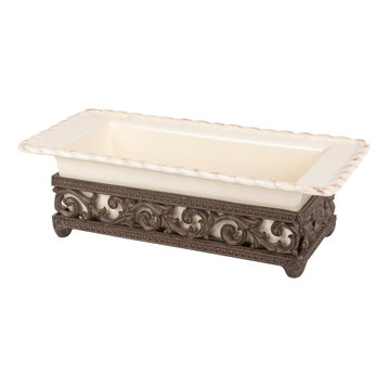 Cream Stoneware Loaf Dish With Metal Acanthus Leaf Base.
