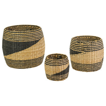 Set of Three Round Black and Natural Seagrass Baskets