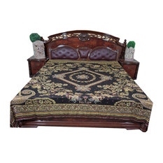 mogulinterior - Mogul Boho Bedcover Black Ivory Floral Reversible Blanket India Bedding - Blankets
