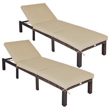 Costway 2PCS Outdoor Rattan Lounge Chair Chaise Recliner Adjustable Cushioned