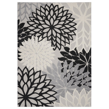 7' X 10' Black White Floral Indoor Outdoor Area Rug