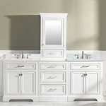 Design Element - Milano 84" Double Sink Bathroom Vanity Modular Set, White - Combining classic charms with modern features, this elegant Milano modular combo vanity by Design Element will instantly transform your bathroom into a work of art. This unique modular vanity set is comprised of 2 single vanities, a draw unit, and a tower cabinet with an additional drawer and cabinet with a tempered glass door. All Milano vanity cabinets are constructed from solid birch hardwood and paired with a 1 inch thick white quartz countertop and backsplash. Soft closing doors and drawers provide smooth and quiet operations, while brushed finished metal hardware provides the perfect finishing touch. Other fine details include white porcelain sinks with overflow, dovetail joint drawer construction, predrilled holes to accommodate 8-inch widespread faucets, and multi-layer paint finish on the cabinets provide beauty and durability for years to come.  Mirrors, faucets and drains are not included.