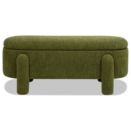 Hugo 49" Fully Upholstered Oval Boucle Storage Bench, Moss Green