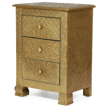 Traditional Nightstand, Carved Design With Oriental Pattern & 3 Drawers, Gold