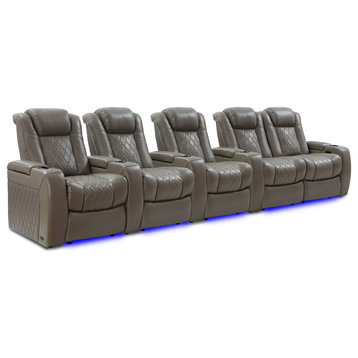 Tuscany Leather Home Theater Seating, Modern Gray, Row of 5 Loveseat Right