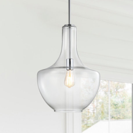 Watts 10.5" Glass, Metal LED Pendant, Chrome/Clear, Width: 13.25"