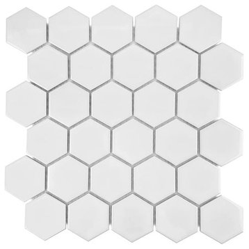Gio White Glossy 2" Hexagon Porcelain Mosaic Tile, 1 Sheet