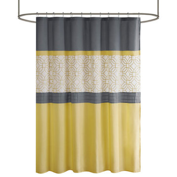 510 Design Donnell Embroidered Modern Lattice Shower Curtain, Yellow/Grey