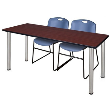 66"x24" Kee Training Table, Mahogany/ Chrome and 2 Zeng Stack Chairs, Blue