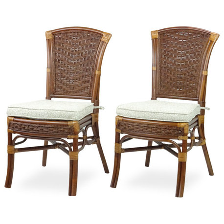 Set of 2 Alexa Dining Side Chairs Dark Walnut Color Natural Rattan Wicker