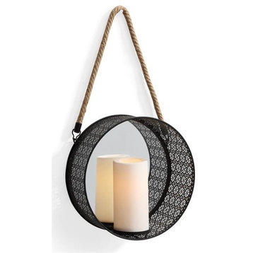 Round Mirror Pillar Candle Sconce With Filigree Metal Frame