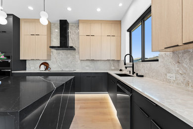 Mid-sized trendy light wood floor, beige floor and wall paneling entryway photo in Seattle with white walls