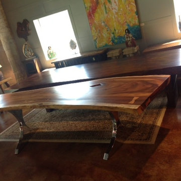 Exotic Solid Wood Slab Table #1094 LIVE EDGE Suar Table w/ Stainless Steel Bases