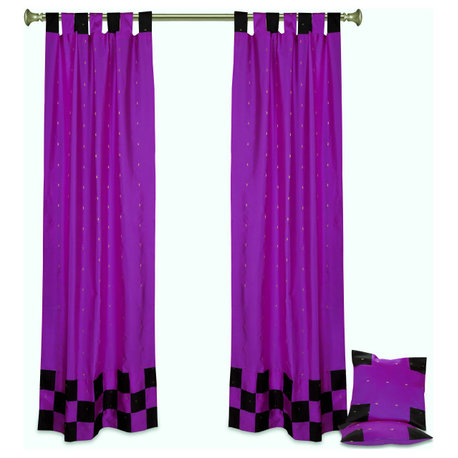 4 Pc Set Indian Sari Curtains & Cushion Covers - Boho Tab Top  - Lavender 84"