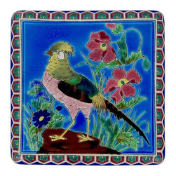 Antique French Emaux de Longwy Stand or Trivet with Cloisonn&eacute; Style Bird Decor - Trivets