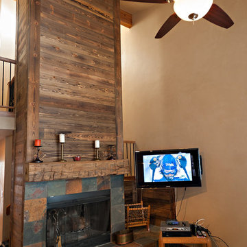 A fireplace anchors a remodel.