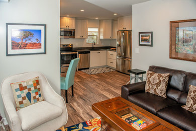 Inspiration for a small contemporary l-shaped vinyl floor and brown floor eat-in kitchen remodel in Phoenix with a single-bowl sink, flat-panel cabinets, gray cabinets, quartz countertops, stainless steel appliances, no island and gray countertops
