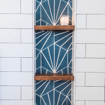blue dandelion cement tile pattern in bathroom floor and wall