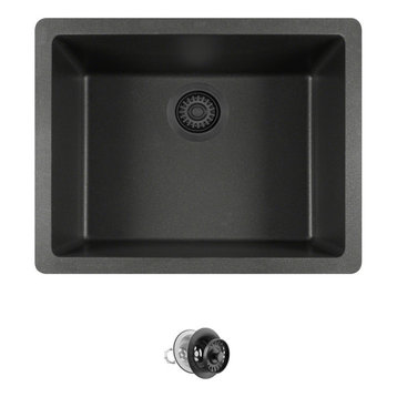 808 Dual-mount Single Bowl Quartz Kitchen Sink, Black, Colored Strainer