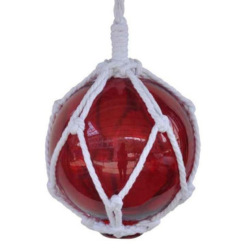 Red Japanese Glass Ball Fishing Float With White Netting Decoration 6'', Glass