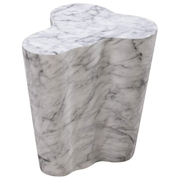 Modern Side Table, Concrete Body With Unique Shape and White Marble Finish