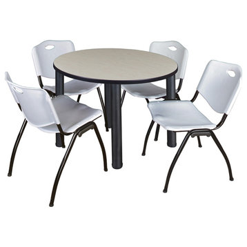 Kee 36 Round Breakroom Table- Maple/ Black & 4 'M' Stack Chairs- Grey