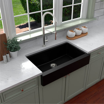 Karran Retrofit Farmhouse Quartz 34" Single Bowl Sink, Black
