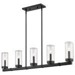 Z-Lite - Z-Lite 589-5L-BK Marlow 5 Light Outdoor Linear in Matte Black - Exterior or interior, fashionable light fixtures add a welcomed dose of aesthetical updates and ambient lighting, both delivered in style by the Marlow five-light outdoor linear fixture. Sophisticated minimalism reflects in a fixture featuring a steel frame with an ashen barnboard finish with matching accents. Cylinder shades fashioned of romantic seedy glass dress up it's romantic attitude, offering a filtered view of candelabra-style bulbs.