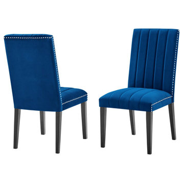 Dining Chair, Nailhead, Set of 2, Blue Navy, Velvet, Modern, Bistro Hospitality