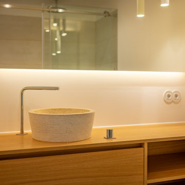 Wood Bathroom Vanity, Vessel Sink and Backlit Mirror