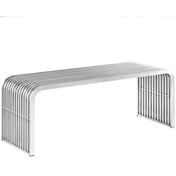 Modern Contemporary Urban Mid Century Living Room Bench, Silver, Metal Stainless
