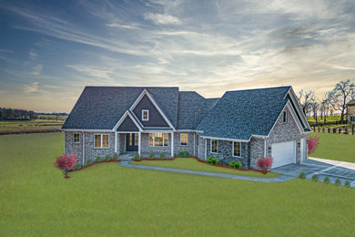 Foto de fachada de casa multicolor y gris de estilo americano grande de dos plantas con revestimiento de ladrillo, tejado a cuatro aguas, tejado de teja de madera y teja
