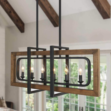 LNC 6-Light Distressed Wood Brown and Matte Black Farmhouse Linear Chandelier
